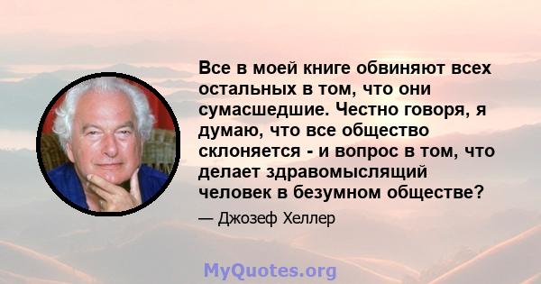 Все в моей книге обвиняют всех остальных в том, что они сумасшедшие. Честно говоря, я думаю, что все общество склоняется - и вопрос в том, что делает здравомыслящий человек в безумном обществе?