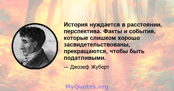 История нуждается в расстоянии, перспектива. Факты и события, которые слишком хорошо засвидетельствованы, прекращаются, чтобы быть податливыми.