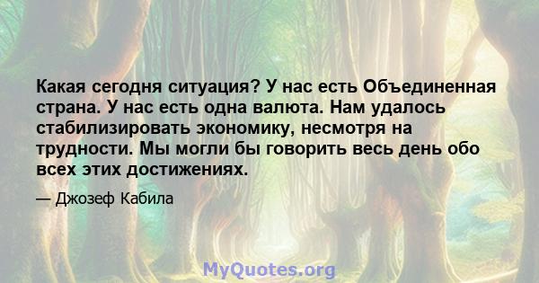 Какая сегодня ситуация? У нас есть Объединенная страна. У нас есть одна валюта. Нам удалось стабилизировать экономику, несмотря на трудности. Мы могли бы говорить весь день обо всех этих достижениях.