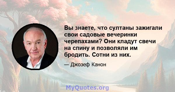 Вы знаете, что султаны зажигали свои садовые вечеринки черепахами? Они кладут свечи на спину и позволяли им бродить. Сотни из них.