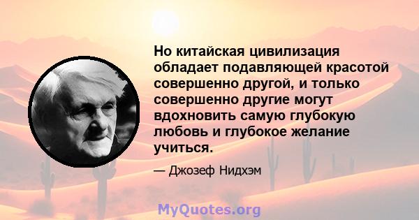 Но китайская цивилизация обладает подавляющей красотой совершенно другой, и только совершенно другие могут вдохновить самую глубокую любовь и глубокое желание учиться.