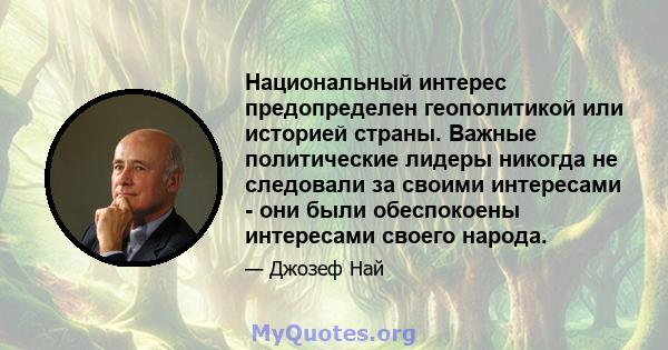 Национальный интерес предопределен геополитикой или историей страны. Важные политические лидеры никогда не следовали за своими интересами - они были обеспокоены интересами своего народа.