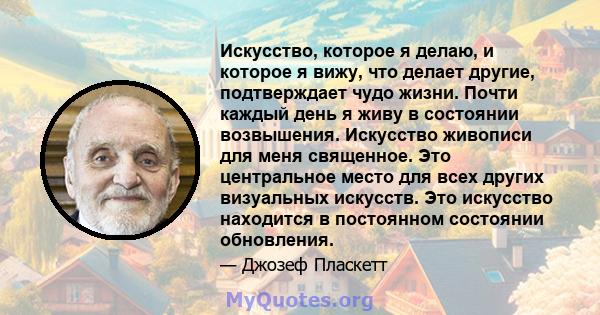 Искусство, которое я делаю, и которое я вижу, что делает другие, подтверждает чудо жизни. Почти каждый день я живу в состоянии возвышения. Искусство живописи для меня священное. Это центральное место для всех других