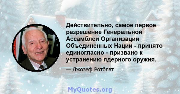 Действительно, самое первое разрешение Генеральной Ассамблеи Организации Объединенных Наций - принято единогласно - призвано к устранению ядерного оружия.