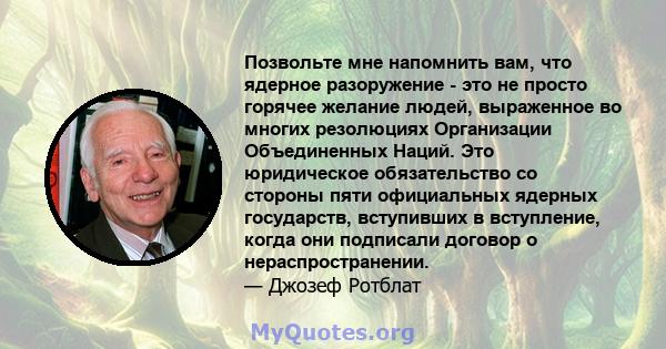 Позвольте мне напомнить вам, что ядерное разоружение - это не просто горячее желание людей, выраженное во многих резолюциях Организации Объединенных Наций. Это юридическое обязательство со стороны пяти официальных