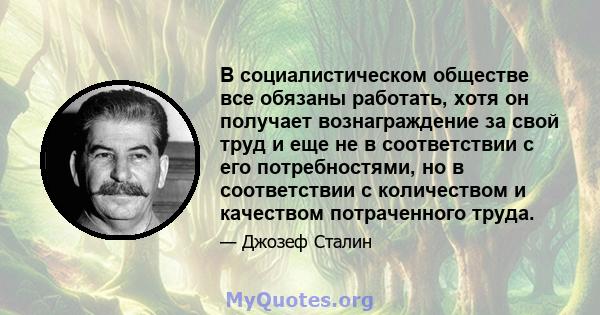 В социалистическом обществе все обязаны работать, хотя он получает вознаграждение за свой труд и еще не в соответствии с его потребностями, но в соответствии с количеством и качеством потраченного труда.