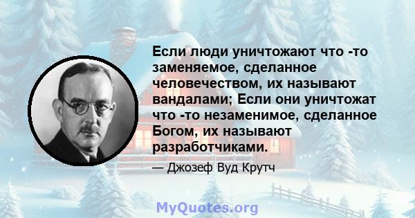 Если люди уничтожают что -то заменяемое, сделанное человечеством, их называют вандалами; Если они уничтожат что -то незаменимое, сделанное Богом, их называют разработчиками.