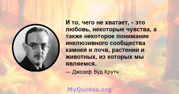 И то, чего не хватает, - это любовь, некоторые чувства, а также некоторое понимание инклюзивного сообщества камней и почв, растений и животных, из которых мы являемся.