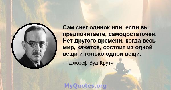 Сам снег одинок или, если вы предпочитаете, самодостаточен. Нет другого времени, когда весь мир, кажется, состоит из одной вещи и только одной вещи.