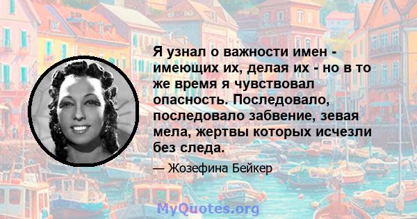 Я узнал о важности имен - имеющих их, делая их - но в то же время я чувствовал опасность. Последовало, последовало забвение, зевая мела, жертвы которых исчезли без следа.