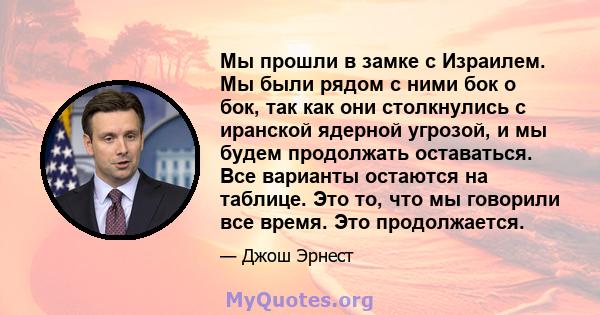 Мы прошли в замке с Израилем. Мы были рядом с ними бок о бок, так как они столкнулись с иранской ядерной угрозой, и мы будем продолжать оставаться. Все варианты остаются на таблице. Это то, что мы говорили все время.