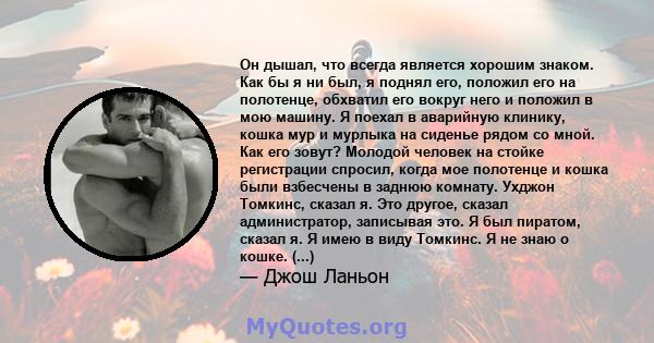 Он дышал, что всегда является хорошим знаком. Как бы я ни был, я поднял его, положил его на полотенце, обхватил его вокруг него и положил в мою машину. Я поехал в аварийную клинику, кошка мур и мурлыка на сиденье рядом