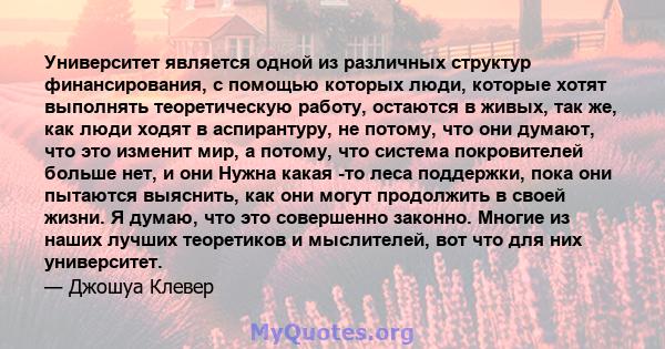 Университет является одной из различных структур финансирования, с помощью которых люди, которые хотят выполнять теоретическую работу, остаются в живых, так же, как люди ходят в аспирантуру, не потому, что они думают,