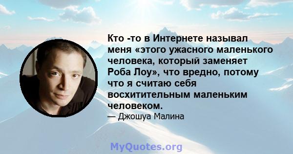 Кто -то в Интернете называл меня «этого ужасного маленького человека, который заменяет Роба Лоу», что вредно, потому что я считаю себя восхитительным маленьким человеком.