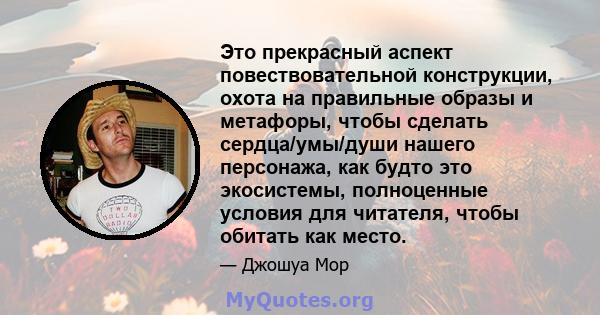 Это прекрасный аспект повествовательной конструкции, охота на правильные образы и метафоры, чтобы сделать сердца/умы/души нашего персонажа, как будто это экосистемы, полноценные условия для читателя, чтобы обитать как