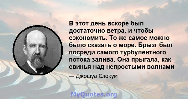 В этот день вскоре был достаточно ветра, и чтобы сэкономить. То же самое можно было сказать о море. Брызг был посреди самого турбулентного потока залива. Она прыгала, как свинья над непростыми волнами