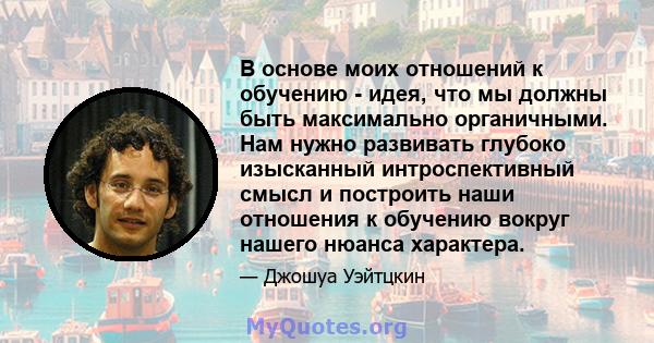 В основе моих отношений к обучению - идея, что мы должны быть максимально органичными. Нам нужно развивать глубоко изысканный интроспективный смысл и построить наши отношения к обучению вокруг нашего нюанса характера.