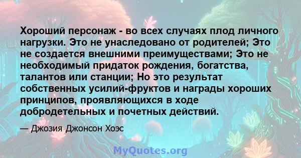 Хороший персонаж - во всех случаях плод личного нагрузки. Это не унаследовано от родителей; Это не создается внешними преимуществами; Это не необходимый придаток рождения, богатства, талантов или станции; Но это