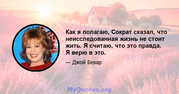 Как я полагаю, Сократ сказал, что неисследованная жизнь не стоит жить. Я считаю, что это правда. Я верю в это.