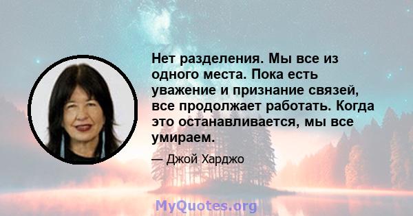 Нет разделения. Мы все из одного места. Пока есть уважение и признание связей, все продолжает работать. Когда это останавливается, мы все умираем.