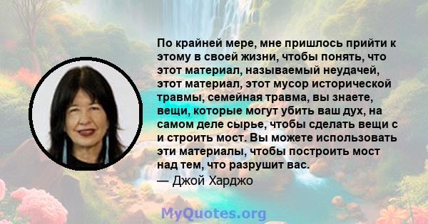 По крайней мере, мне пришлось прийти к этому в своей жизни, чтобы понять, что этот материал, называемый неудачей, этот материал, этот мусор исторической травмы, семейная травма, вы знаете, вещи, которые могут убить ваш