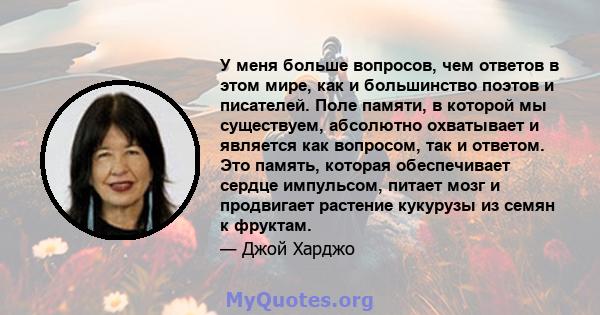 У меня больше вопросов, чем ответов в этом мире, как и большинство поэтов и писателей. Поле памяти, в которой мы существуем, абсолютно охватывает и является как вопросом, так и ответом. Это память, которая обеспечивает