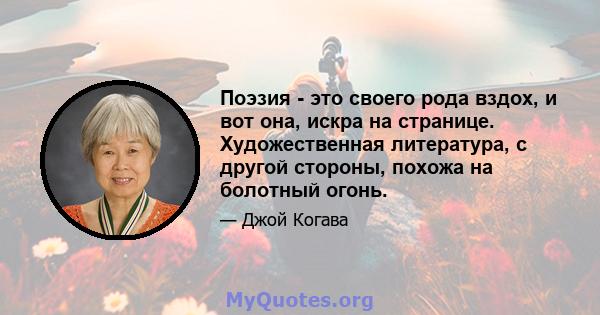 Поэзия - это своего рода вздох, и вот она, искра на странице. Художественная литература, с другой стороны, похожа на болотный огонь.