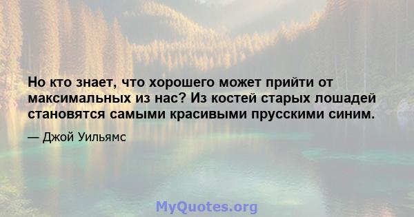 Но кто знает, что хорошего может прийти от максимальных из нас? Из костей старых лошадей становятся самыми красивыми прусскими синим.