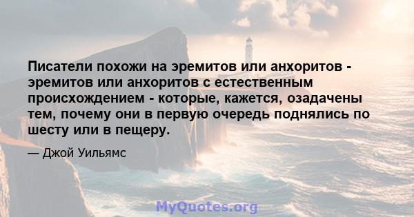 Писатели похожи на эремитов или анхоритов - эремитов или анхоритов с естественным происхождением - которые, кажется, озадачены тем, почему они в первую очередь поднялись по шесту или в пещеру.