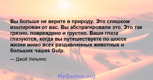 Вы больше не верите в природу. Это слишком изолирован от вас. Вы абстрагировали это. Это так грязно, повреждено и грустно. Ваши глаза глазуются, когда вы путешествуете по шоссе жизни мимо всех раздавленных животных и