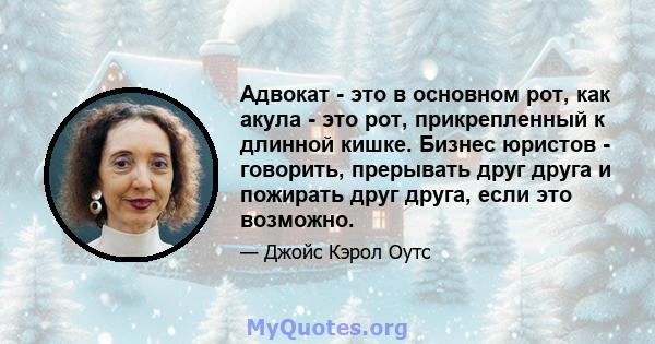 Адвокат - это в основном рот, как акула - это рот, прикрепленный к длинной кишке. Бизнес юристов - говорить, прерывать друг друга и пожирать друг друга, если это возможно.