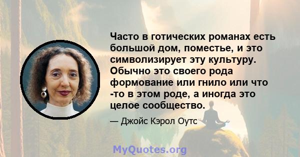 Часто в готических романах есть большой дом, поместье, и это символизирует эту культуру. Обычно это своего рода формование или гнило или что -то в этом роде, а иногда это целое сообщество.