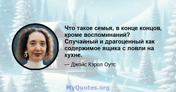 Что такое семья, в конце концов, кроме воспоминаний? Случайный и драгоценный как содержимое ящика с ловли на кухне.