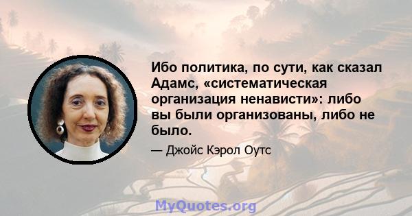 Ибо политика, по сути, как сказал Адамс, «систематическая организация ненависти»: либо вы были организованы, либо не было.