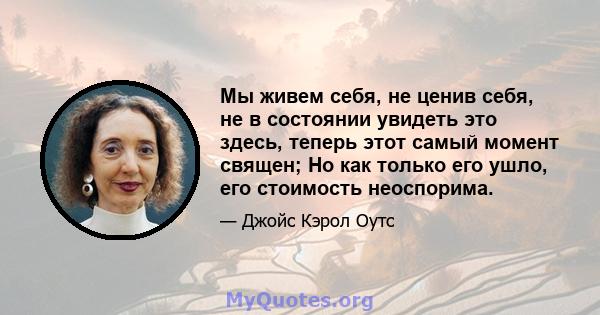 Мы живем себя, не ценив себя, не в состоянии увидеть это здесь, теперь этот самый момент священ; Но как только его ушло, его стоимость неоспорима.