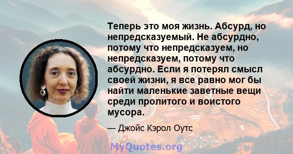 Теперь это моя жизнь. Абсурд, но непредсказуемый. Не абсурдно, потому что непредсказуем, но непредсказуем, потому что абсурдно. Если я потерял смысл своей жизни, я все равно мог бы найти маленькие заветные вещи среди