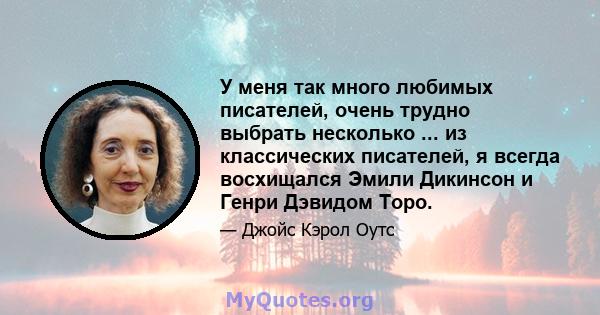 У меня так много любимых писателей, очень трудно выбрать несколько ... из классических писателей, я всегда восхищался Эмили Дикинсон и Генри Дэвидом Торо.