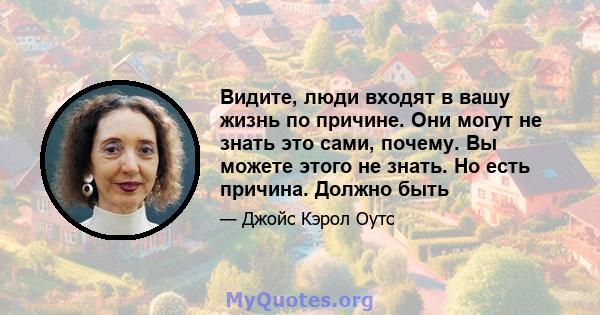 Видите, люди входят в вашу жизнь по причине. Они могут не знать это сами, почему. Вы можете этого не знать. Но есть причина. Должно быть