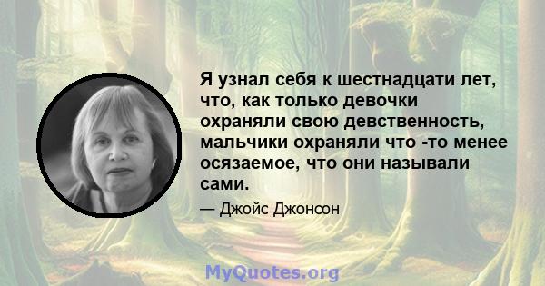 Я узнал себя к шестнадцати лет, что, как только девочки охраняли свою девственность, мальчики охраняли что -то менее осязаемое, что они называли сами.