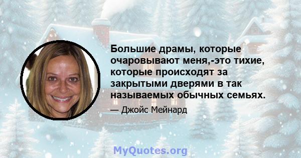 Большие драмы, которые очаровывают меня,-это тихие, которые происходят за закрытыми дверями в так называемых обычных семьях.