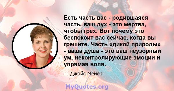 Есть часть вас - родившаяся часть, ваш дух - это мертва, чтобы грех. Вот почему это беспокоит вас сейчас, когда вы грешите. Часть «дикой природы» - ваша душа - это ваш неузорный ум, неконтролирующие эмоции и упрямая