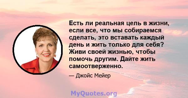 Есть ли реальная цель в жизни, если все, что мы собираемся сделать, это вставать каждый день и жить только для себя? Живи своей жизнью, чтобы помочь другим. Дайте жить самоотверженно.