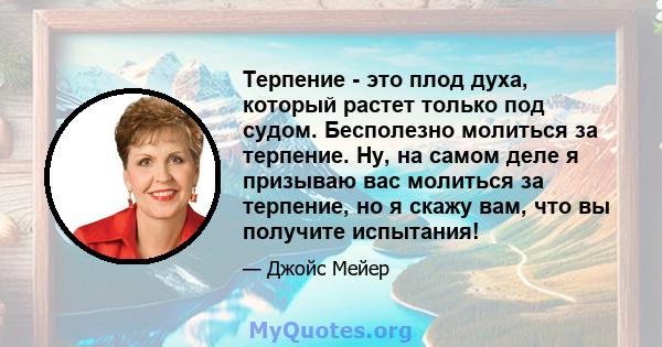 Терпение - это плод духа, который растет только под судом. Бесполезно молиться за терпение. Ну, на самом деле я призываю вас молиться за терпение, но я скажу вам, что вы получите испытания!