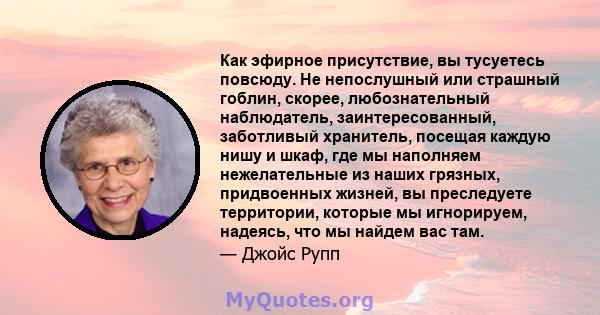 Как эфирное присутствие, вы тусуетесь повсюду. Не непослушный или страшный гоблин, скорее, любознательный наблюдатель, заинтересованный, заботливый хранитель, посещая каждую нишу и шкаф, где мы наполняем нежелательные