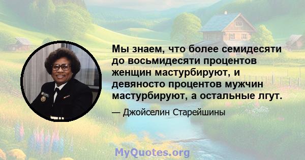 Мы знаем, что более семидесяти до восьмидесяти процентов женщин мастурбируют, и девяносто процентов мужчин мастурбируют, а остальные лгут.