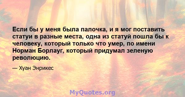 Если бы у меня была палочка, и я мог поставить статуи в разные места, одна из статуй пошла бы к человеку, который только что умер, по имени Норман Борлауг, который придумал зеленую революцию.