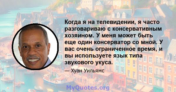 Когда я на телевидении, я часто разговариваю с консервативным хозяином. У меня может быть еще один консерватор со мной. У вас очень ограниченное время, и вы используете язык типа звукового укуса.