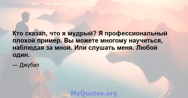 Кто сказал, что я мудрый? Я профессиональный плохой пример. Вы можете многому научиться, наблюдая за мной. Или слушать меня. Любой один.