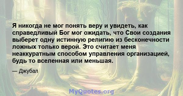 Я никогда не мог понять веру и увидеть, как справедливый Бог мог ожидать, что Свои создания выберет одну истинную религию из бесконечности ложных только верой. Это считает меня неаккуратным способом управления