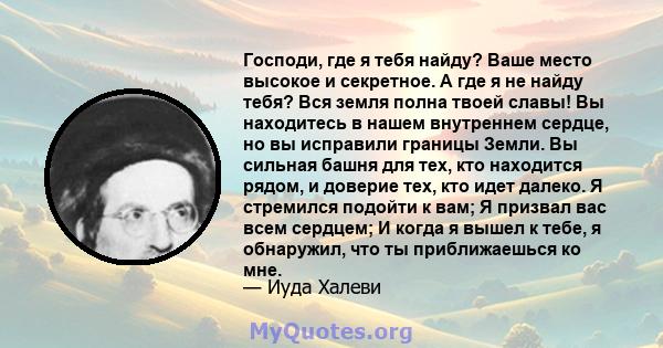 Господи, где я тебя найду? Ваше место высокое и секретное. А где я не найду тебя? Вся земля полна твоей славы! Вы находитесь в нашем внутреннем сердце, но вы исправили границы Земли. Вы сильная башня для тех, кто